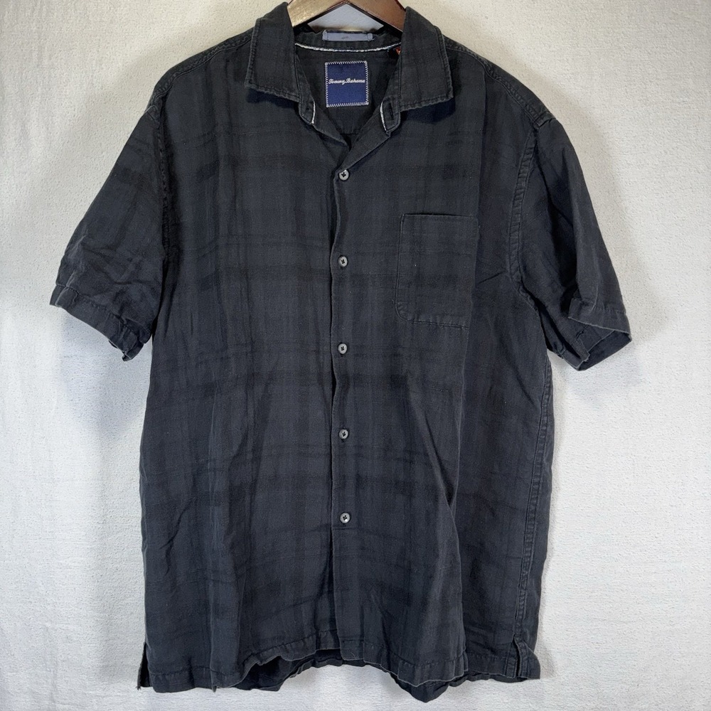 Tommy Bahama Shirt Mens XL Black Plaid Linen Short Sleeve Button Up Casual